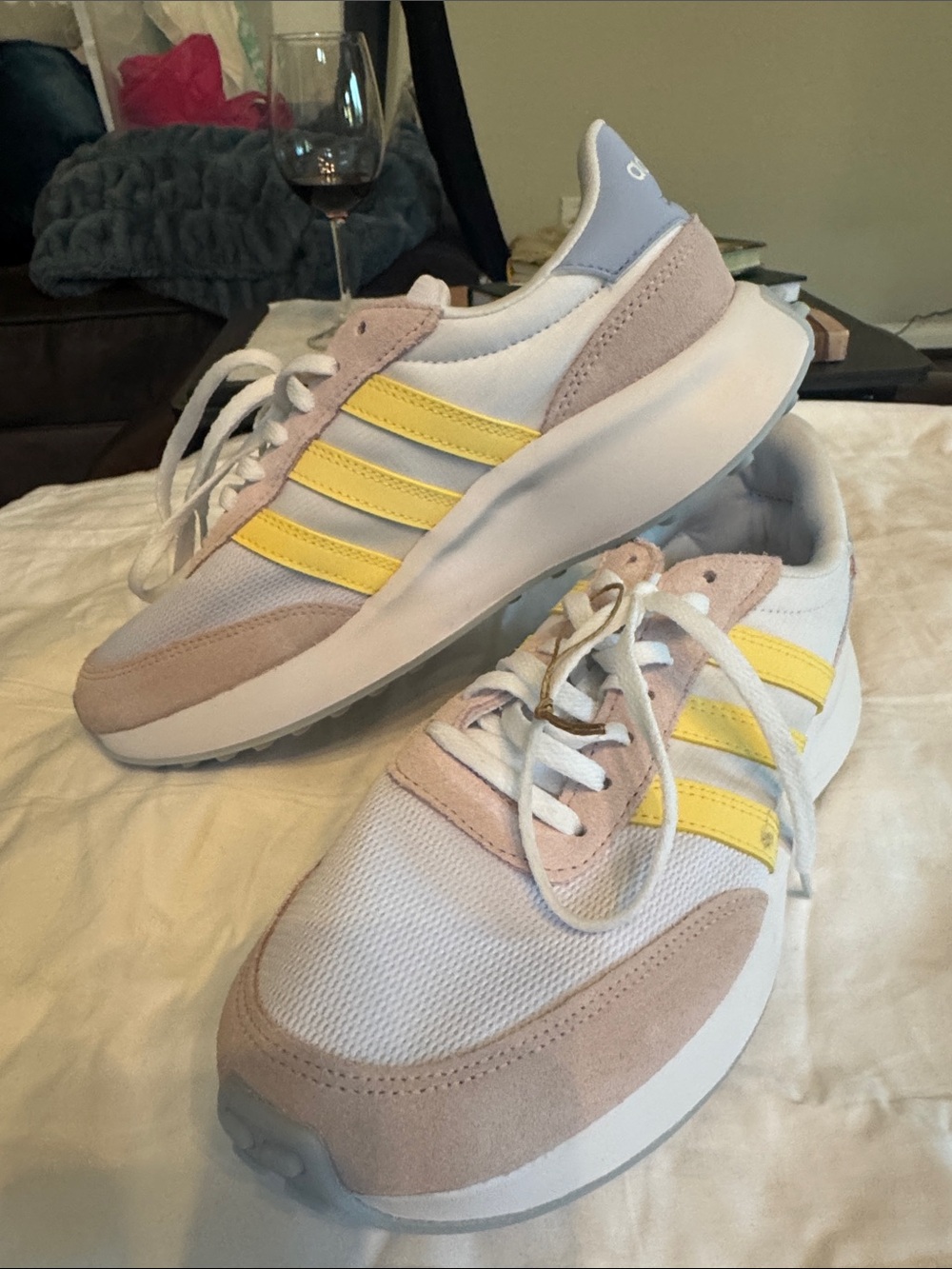 adidas Women's White Sneakers with Pale Pink Suede & Yellow Stripes